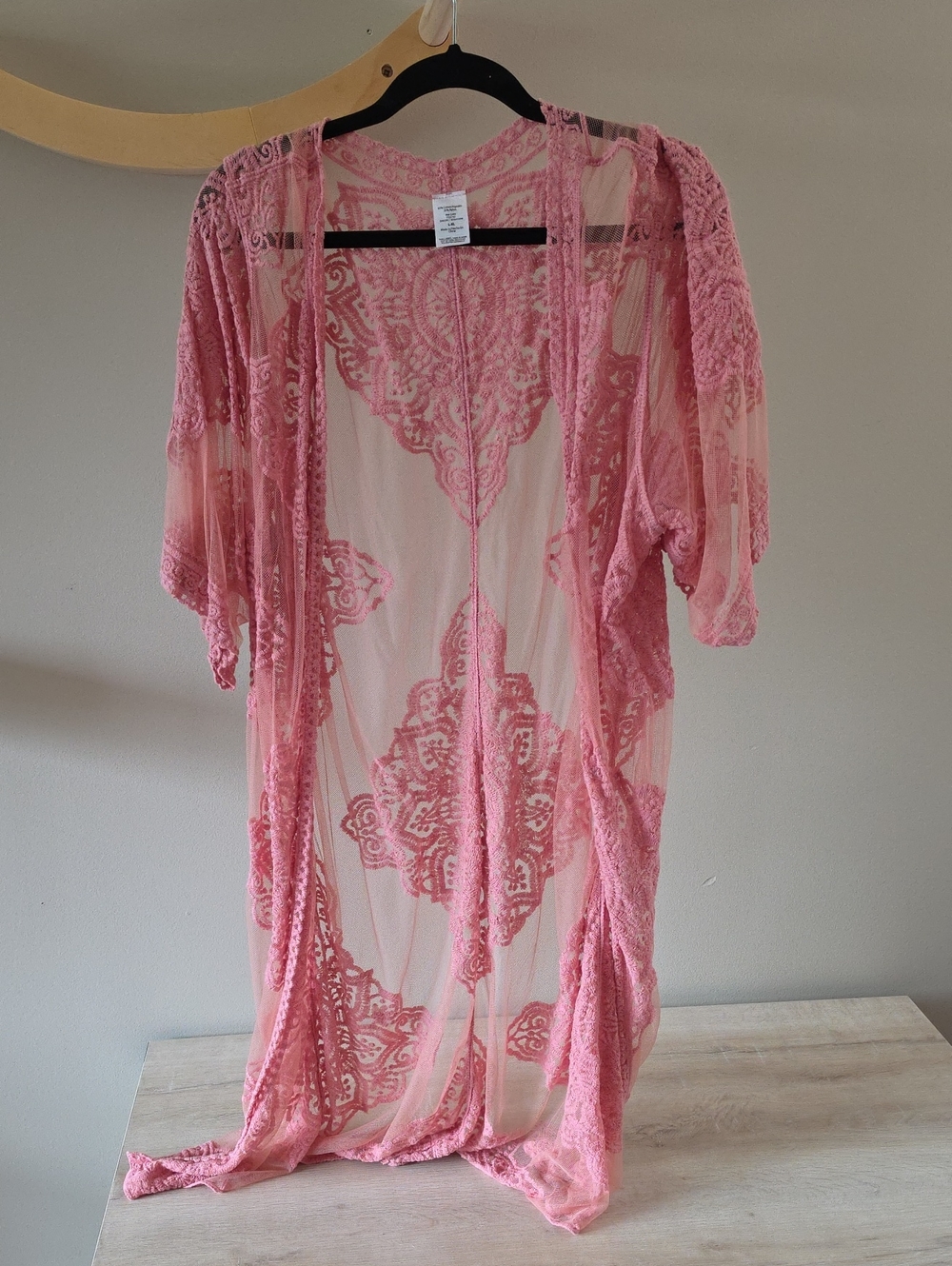 ​Boho Dusty Rose Pink Embroidered Lace Longline Duster Kimono Cardigan - L/XL